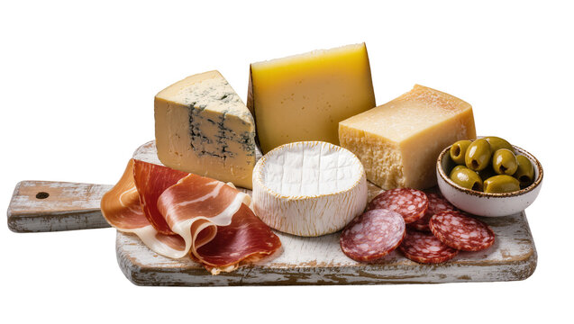 Rustic board of cheeses meats and olives, isolated on transparent background
