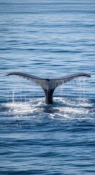 Whale tail breaching out of calm ocean waters, creating splashes and ripples on a sunny day with blue sea