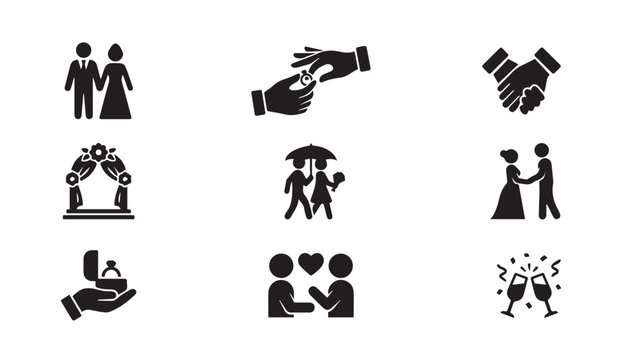 Collection of wedding and marriage ceremony icons
