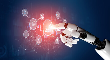 Futuristic robotic hand interacting with digital data analytics interface, showcasing technology,...