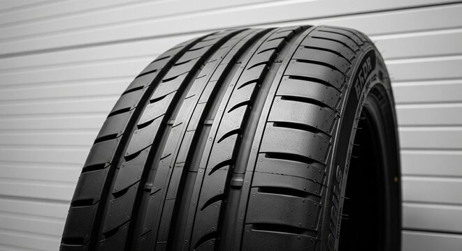 A detailed shot of a brand new rubber tire showing the tread pattern against a white garage door background.