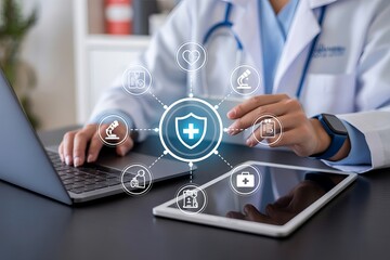 Fototapeta premium Doctor using laptop and tablet with healthcare icons