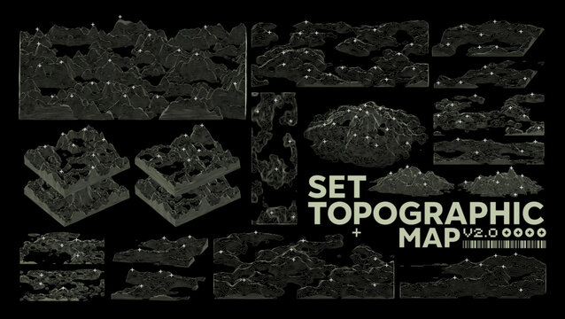 Abstract topographic map with 3D terrain lines. Wireframe mountain landscape, contour elevation and geographic relief pattern. Vector set