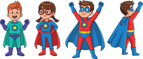 Superhero Kid Icon Set Featuring Boys and Girls in Colorful Capes for Children’s Themes, Comics, and Fun Designs © MdMojnu