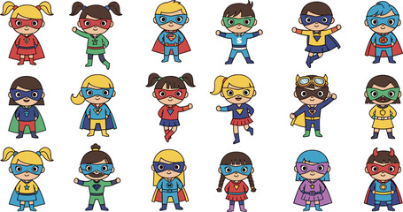 Superhero Kid Icon Set Featuring Boys and Girls in Colorful Costumes with Capes for Fun, Comics, and Children’s Themes © MdMojnu