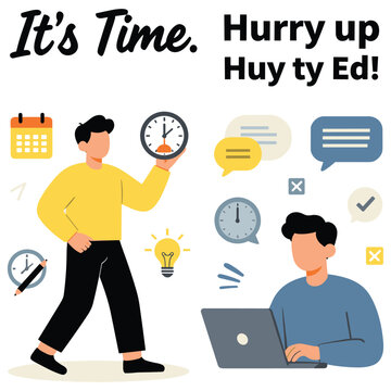 Time management, man holding a clock, another man working on laptop in background