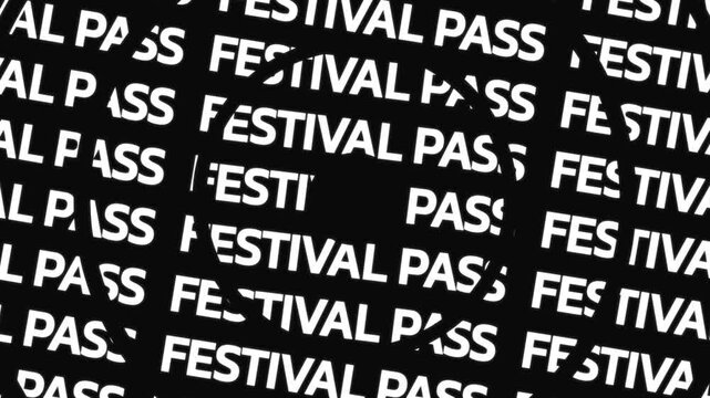 Rotating circular text animation displaying festival pass phrase arranged in concentric motion with central empty space for overlay content.