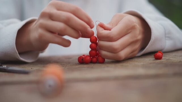 Closeup caucasian hands threading red berries on weathered wooden table, soft white sweater cuff visible, delicate twine and needle used to form tiny pyramid ornament, calm autumnal atmosphere,
