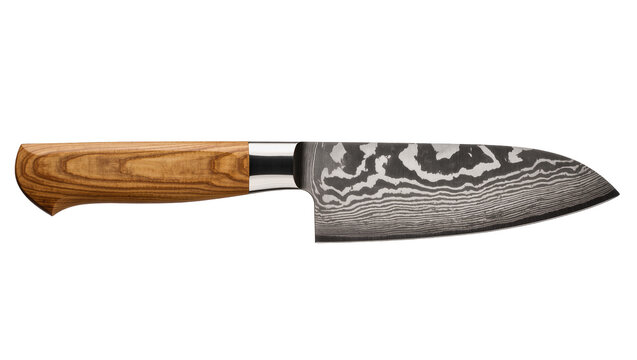 Handcrafted chef s knife with a textured wooden handle and intricate patterned Damascus steel blade, isolated on transparent background