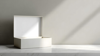 Fototapeta premium An open white box sits on a marble surface, casting a shadow against a neutral wall.