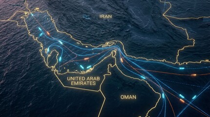 Neon Map strait of hormuz of Maritime Shipping Routes in the Persian Gulf © Awais