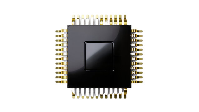 Black microchip with golden pins isolated on transparent background, key for computing