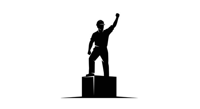 1 May, Labor day icons representing international workers, silhouette of a triumphant builder standing on a podium, vector