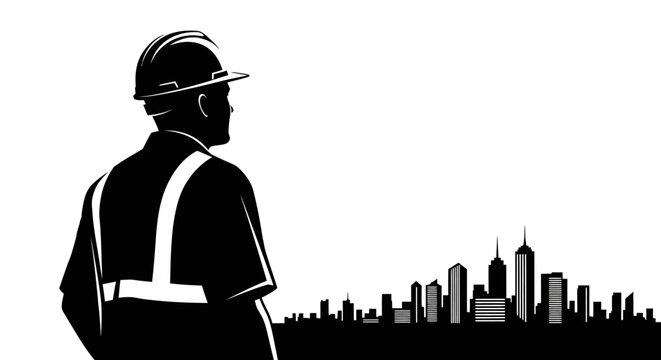 1 may, may day, Labor day icons representing international workers, silhouette of a builder engineer looking at city skyline, vector