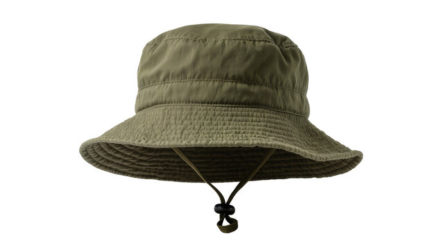 Olive green bucket hat wide brim chin strap, isolated on transparent background