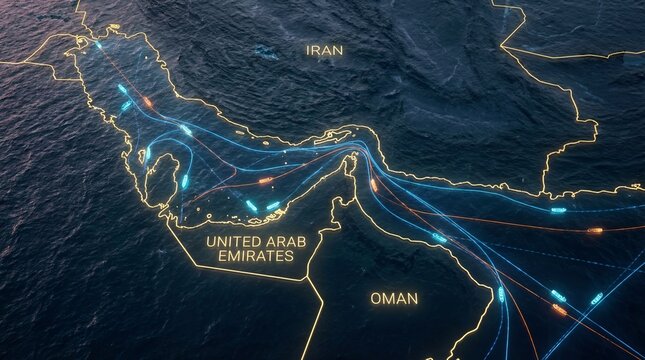 Neon Map strait of hormuz of Maritime Shipping Routes in the Persian Gulf