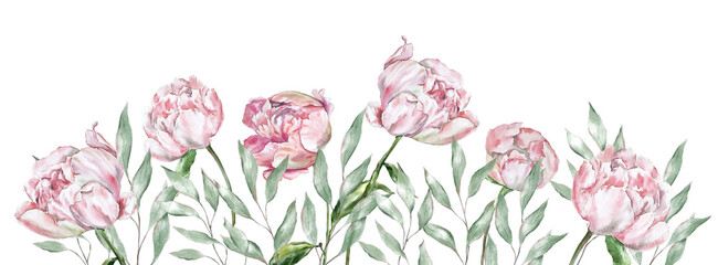 Fototapeta premium Elegant watercolor frames, backgrounds, and banners with peonies and eucalyptus leaves. Perfect for wedding invitations, stationery, branding, social media, and romantic floral design layouts
