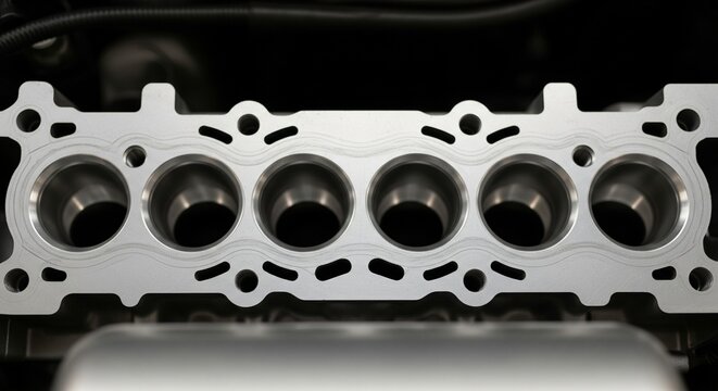 A top-down view of a clean, machined silver engine block showing six cylinders in a row. The surface is polished, highlighting the industrial precision of the automotive