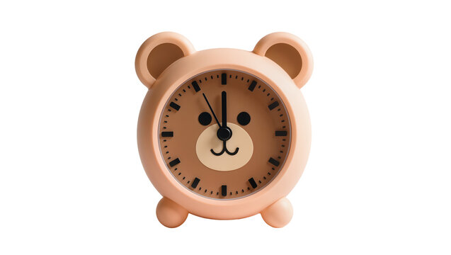 Peach bear clock brown face black hands, isolated on transparent background