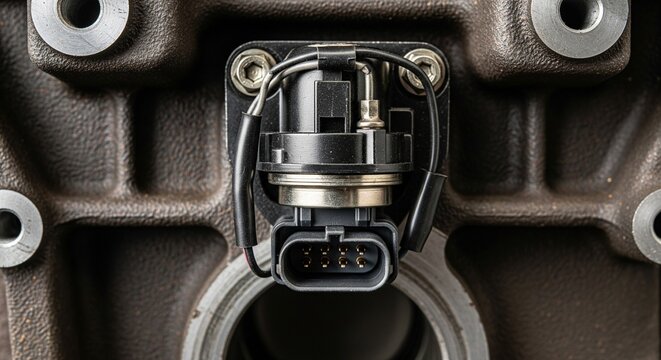 A close-up, high-angle shot of a black plastic electrical sensor or actuator mounted on a cast metal engine component. The focus is on the multi-pin connector and the intricate wiring