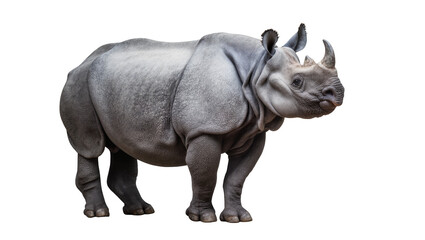 Obraz premium Powerful grey rhinoceros with prominent horn, isolated on transparent background