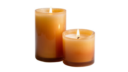 Burning orange candles in glass isolated on transparent background, for warm glow © Dan