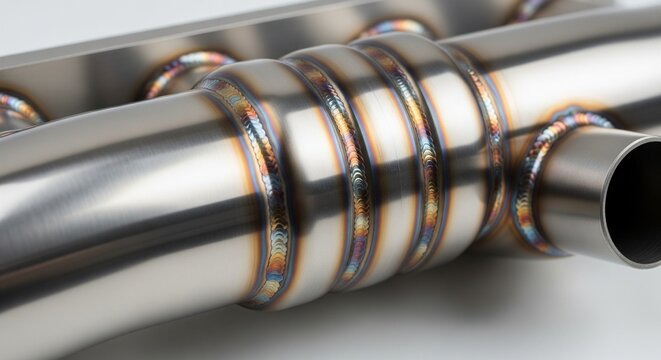 A clean, polished stainless steel exhaust manifold showing high-quality welding beads and heat tinting
