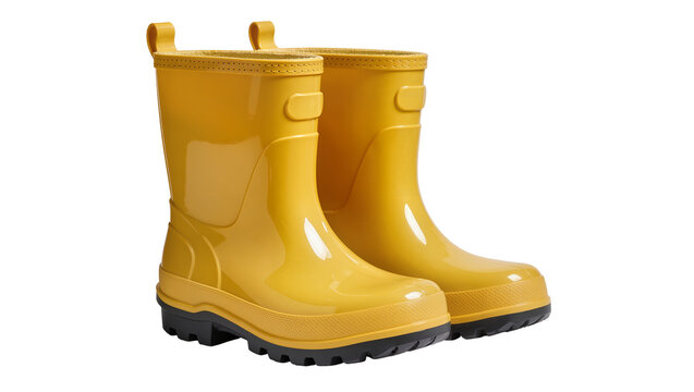 Yellow rubber boots with black soles, isolated on transparent background