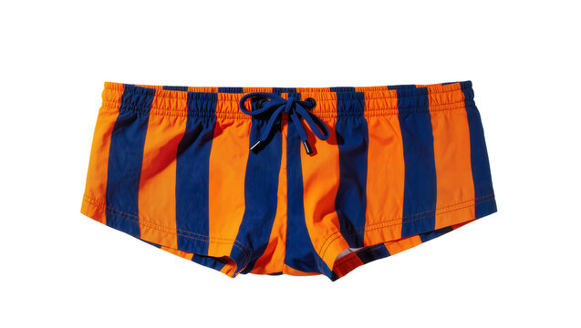 Orange and navy blue striped swim briefs, isolated on transparent background