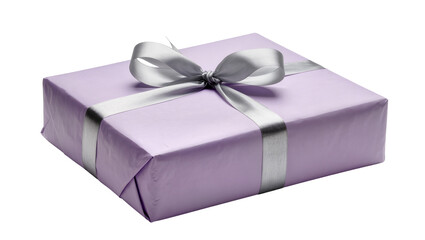 Obraz premium Purple gift box with silver ribbon bow, isolated on transparent background for celebrations