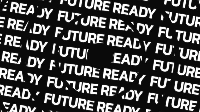 Rotating circular text animation displaying future ready phrase arranged in concentric motion with central empty space for overlay content.