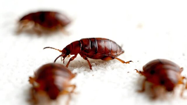 Several bedbugs are crawling on a white surface with one prominent insect.