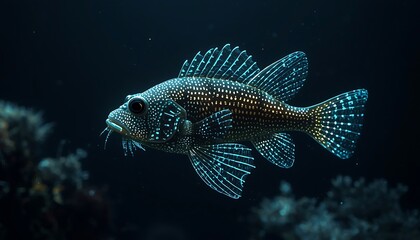 Obraz premium A mesmerizing dark fish with shimmering white and yellow spots gracefully glides through the dark water, displaying its ornate fins.