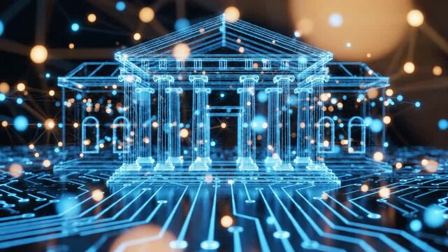 A futuristic illustration of a building with columns and circuits, showcasing technology integration in architecture.