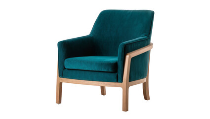 Fototapeta premium Teal velvet armchair with natural wood frame, isolated on transparent background