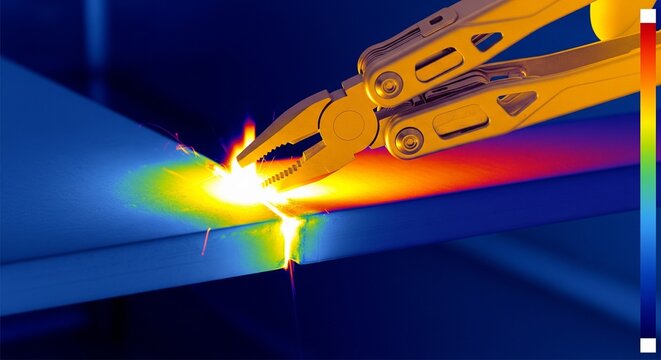 A thermal camera view showing the friction and heat generated when a multi-tool cuts through a metal wire.