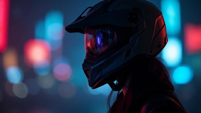 Silhouette woman with helmet visor reflecting neon lights dark synthwave background 80s cyberpunk portrait
