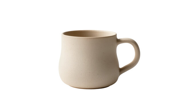 Rustic beige ceramic mug, isolated on transparent background for branding