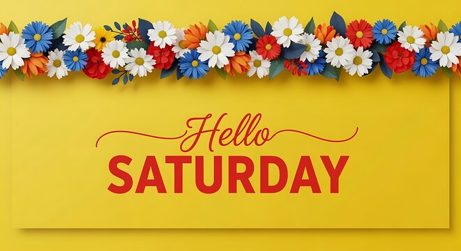 Bright cheerful greeting card design featuring hello Saturday with colorful flower border on yellow background