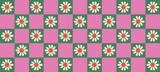Seamless Retro Checkered Floral Pattern – Whimsical Hand Drawn Dopamine Design for Joyful Branding