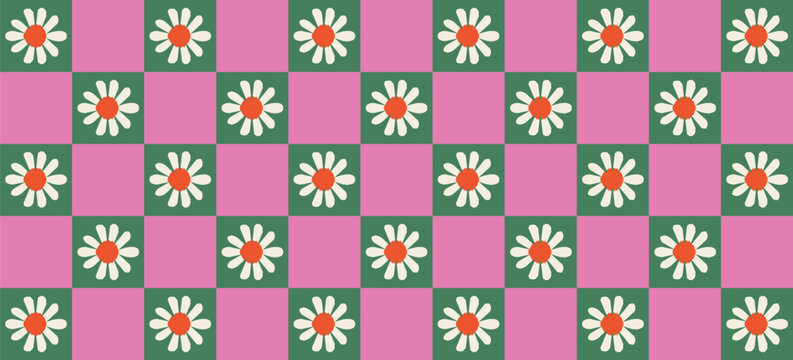 Seamless Retro Checkered Floral Pattern &ndash; Whimsical Hand Drawn Dopamine Design for Joyful Branding