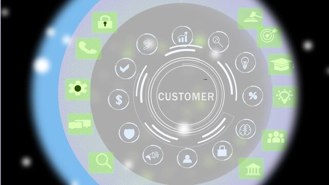 Inscription Customer journey on the virtual display. Business Technology Internet and network concept. Abstract technology data connection symbols on a deep cyan color background.