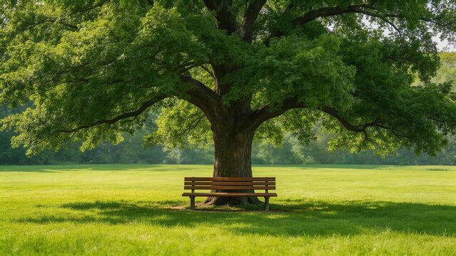 Bench under large tree in green field