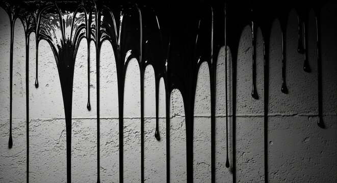 Dark liquid streams running down a bright, textured background, creating a high-contrast industrial look