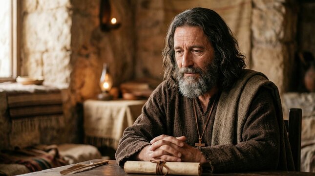 A man with a long beard and hair sits at a wooden table in a rustic stone room with a scroll and writing utensils.