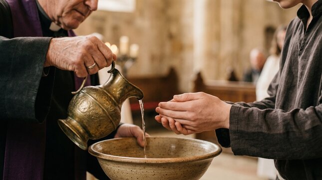 A priest pours holy water over a person's hands in a church