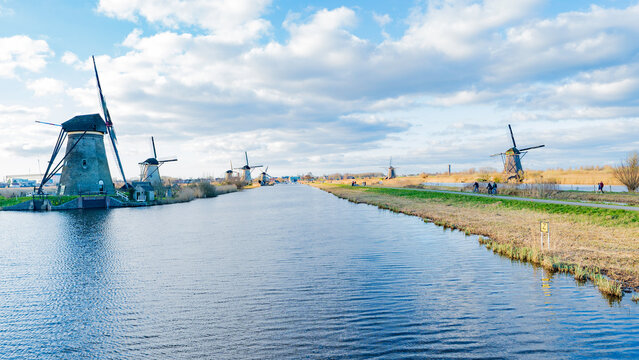 Picturesque scene of the windmills at Kinderdijk, South Holland Province, Netherlands
