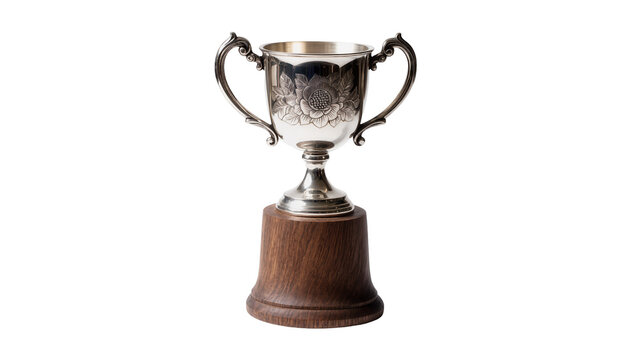 Ornate silver trophy cup with handles on dark wooden base, isolated on transparent background