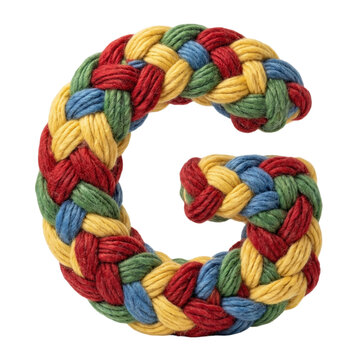 A colorful braided letter g made of yarn isolated on transparent background