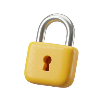 A yellow padlock with a silver shackle and keyhole isolated on transparent background